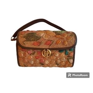 VINTAGE Cabana Woven Straw Wood Bag Handbag Ladies Purse Flowers Floral VACATION
